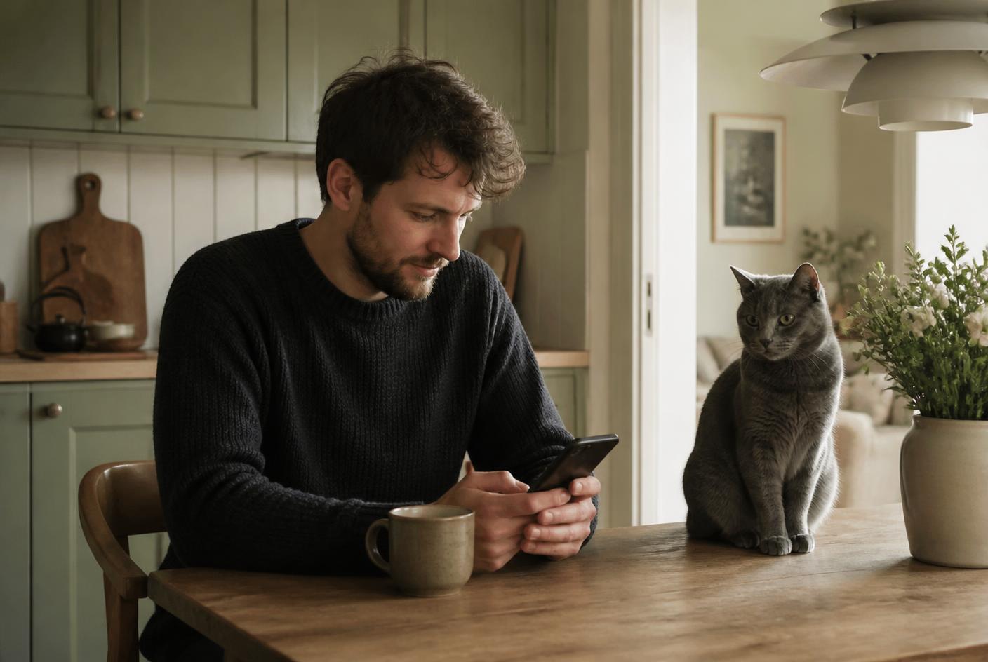 Mand sidder ved et køkkenbord med kaffe og telefon, mens hans grå kat sidder ved siden af