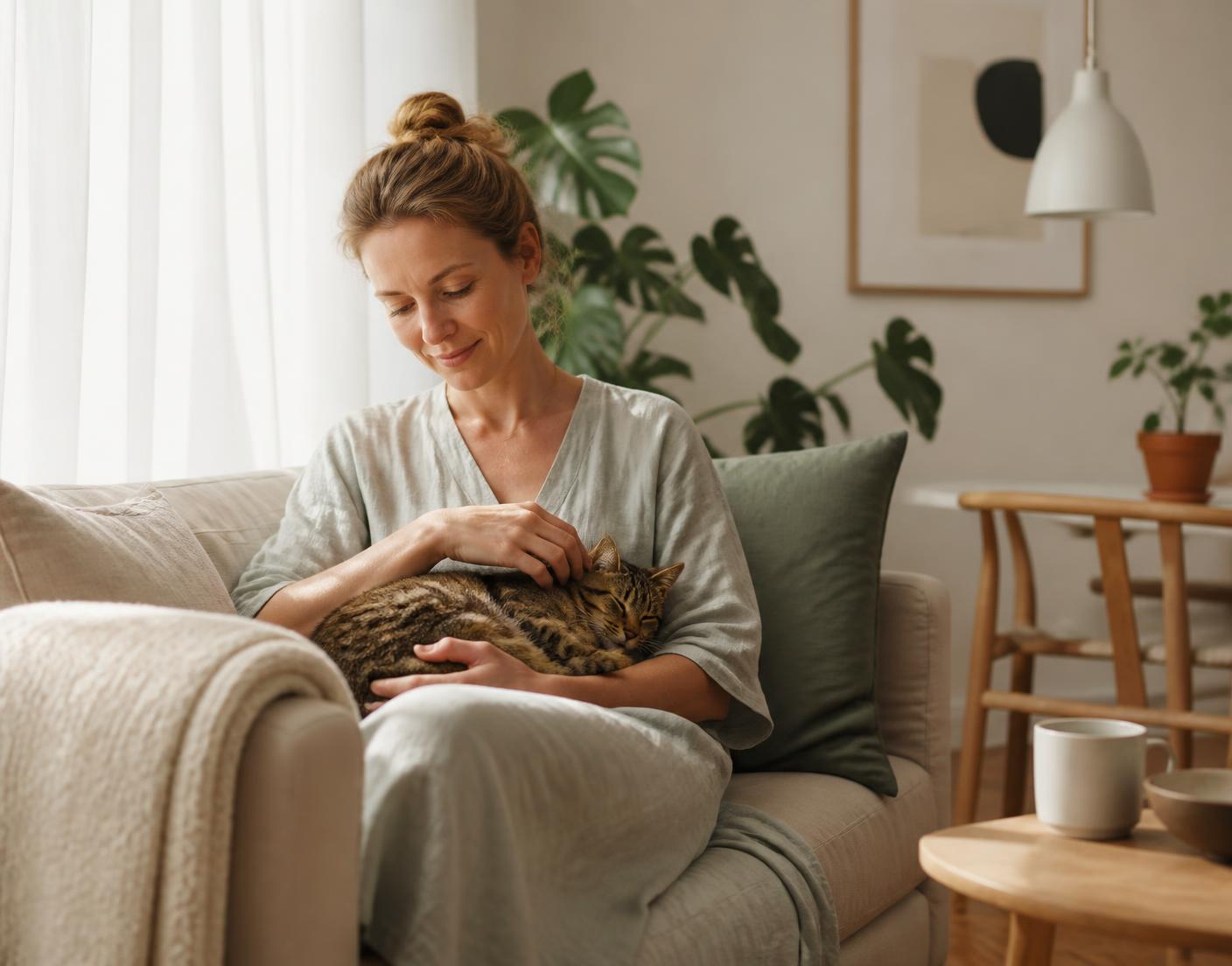 Kvinde sidder på en lys sofa og klapper sin tabbykat, der sover i hendes skød